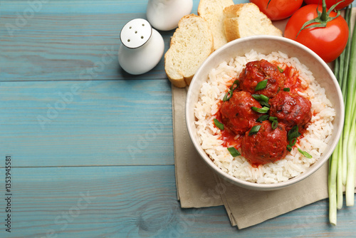 Wallpaper Mural Tasty meatballs with sauce, rice and products on light blue wooden table, flat lay. Space for text Torontodigital.ca