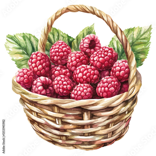 Raspberry Basket, watercolor vector, isolated on a white background.