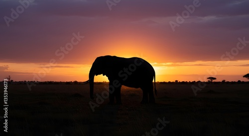 Elephant Silhouette at Sunset in African Savanna Dramatic Landscape