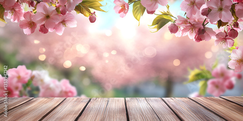 Cherry Blossoms and Wooden Table with a Dreamy Spring Background