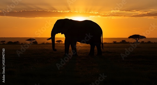 Elephant Silhouette Walking Across African Savannah at Golden Sunset Glow