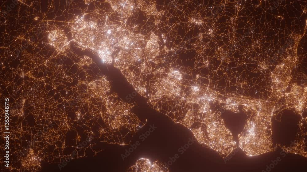 Southampton and Portsmouth (United Kingdom) aerial view at night. Top view on modern city with street lights. Camera is zooming out, rotating clockwise