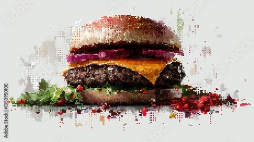 A pixelated cheeseburger, its layers of cheese, patty, and condiments all clearly defined in colorful pixel art, set against a clean white background, bringing the classic fast food delight 