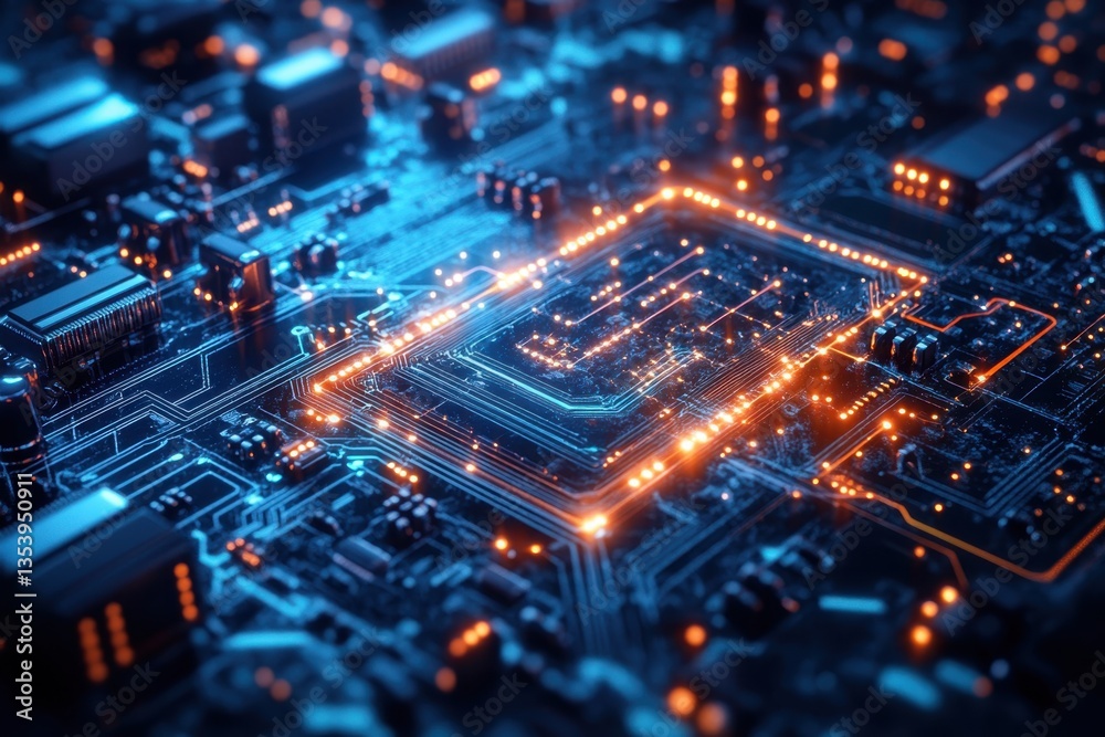 Intricate circuit board with glowing components in a high-tech electronics environment Intricate circuit board with glowing components in a high-tech electronics environment