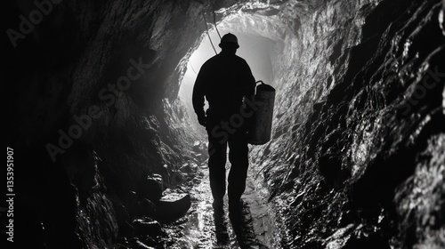 Obraz na płótnie Silhouette of a miner walking through a dark, narrow tunnel with equipment w salonie