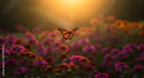 Monarch Butterfly Flying Over Flower Garden with Golden Light Stream