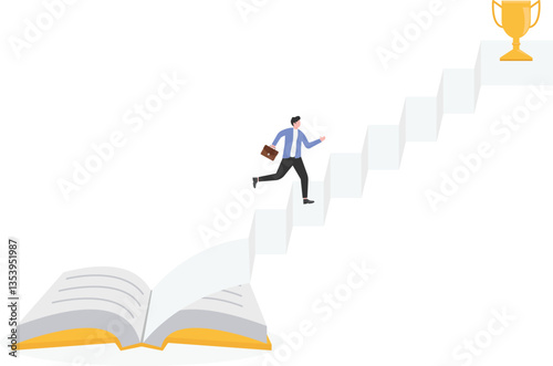 Businessman walking up the steps formed by books

