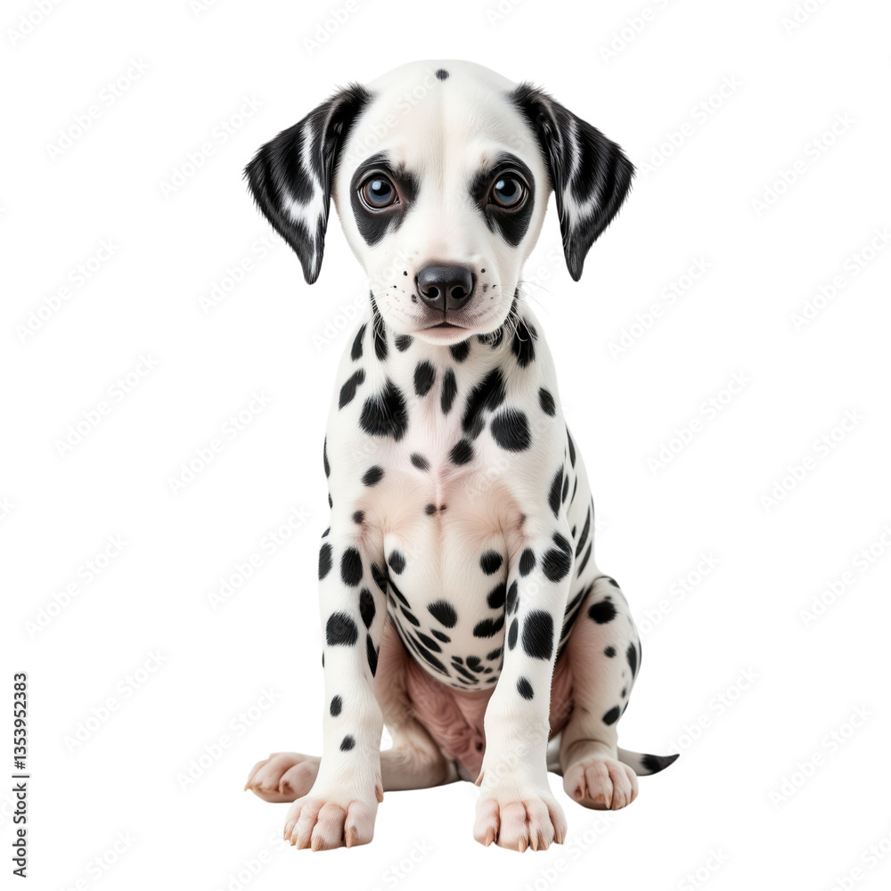 Adorable Dalmatian Puppy with Black Spots Sitting Against a White Background Adorable Dalmatian Puppy with Black Spots Sitting Against a White Background