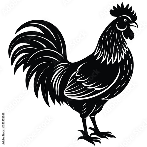 Vector Illustration. Black Silhouette of a rooster design. isolated male chicken on a white background