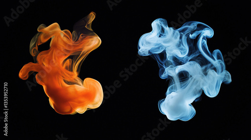 Dynamic swirling plumes of orange and blue smoke on a dark background creating a vibrant and contrasting artistic composition