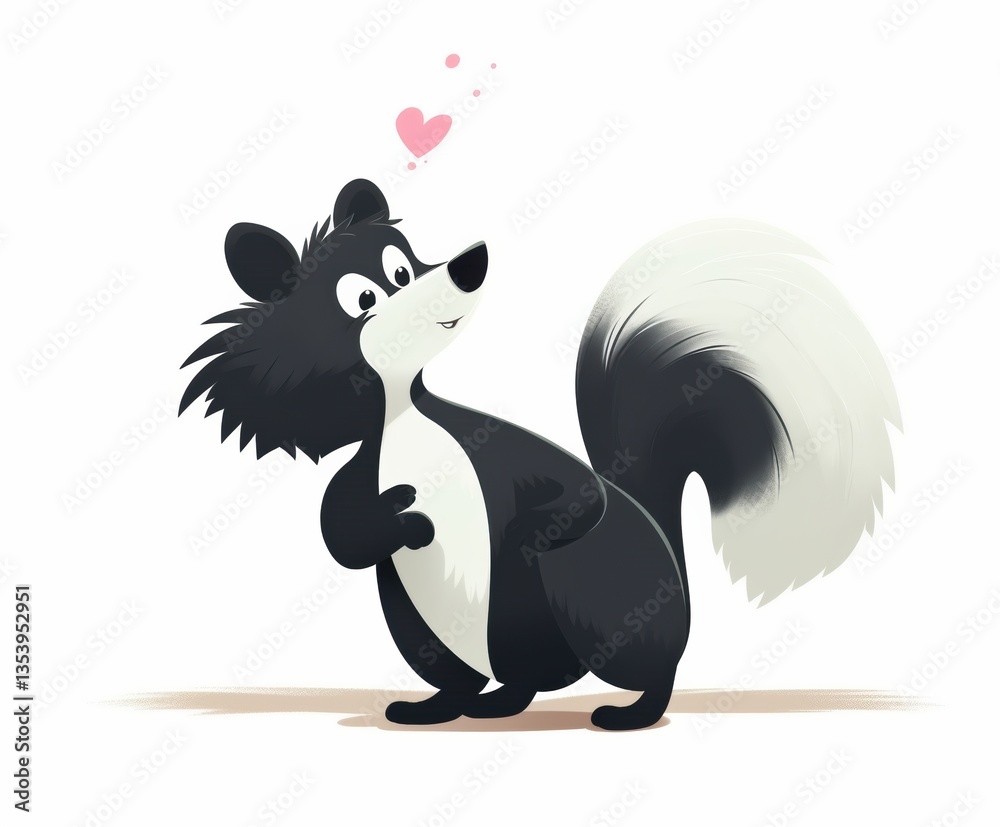 Fototapeta premium Cute Minimalist Cartoon Skunk with Glittery Heart Fart on Pure White Background for Kids Decor, Vector, Isolated, Cut Out