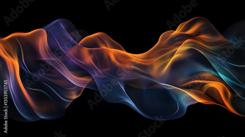 Vibrant abstract design with flowing waves of orange, purple, and blue on a black background creating dynamic movement