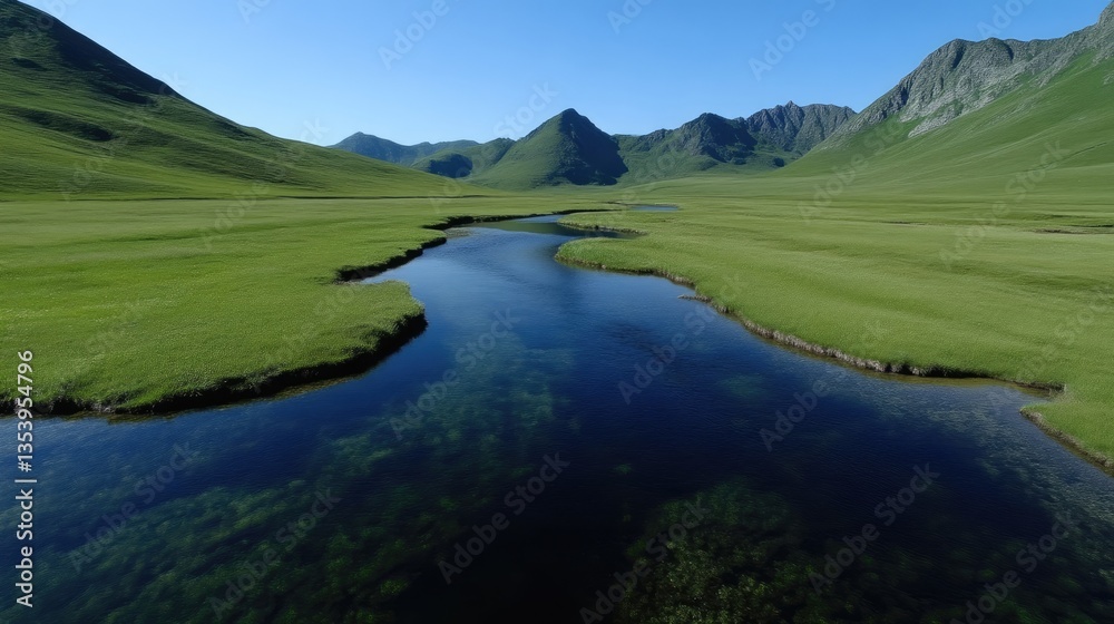 Serene mountain valley with crystal-clear stream. Lush green meadow, reflecting peaks, tranquil scene Serene mountain valley with crystal-clear stream. Lush green meadow, reflecting peaks, tranquil scene