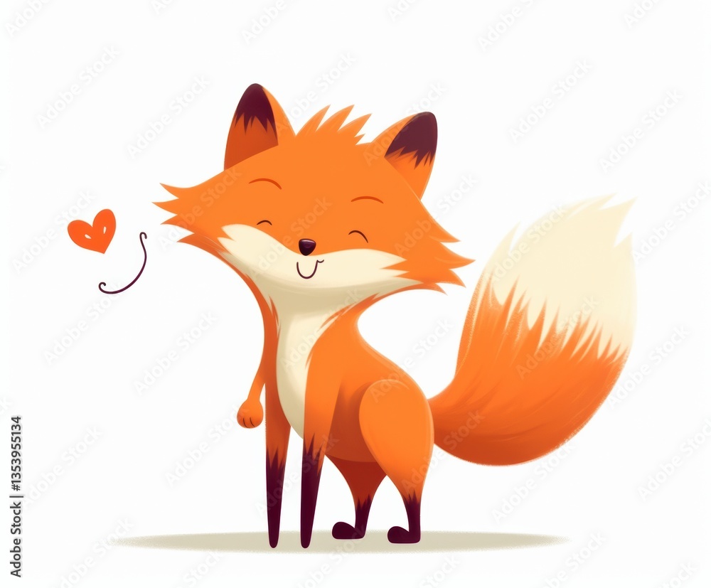 Obraz premium Cute Minimalist Cartoon Fox with Glittery Heart Fart on Pure White Background for Nursery Wall Art, Vector, Isolated, Cut Out