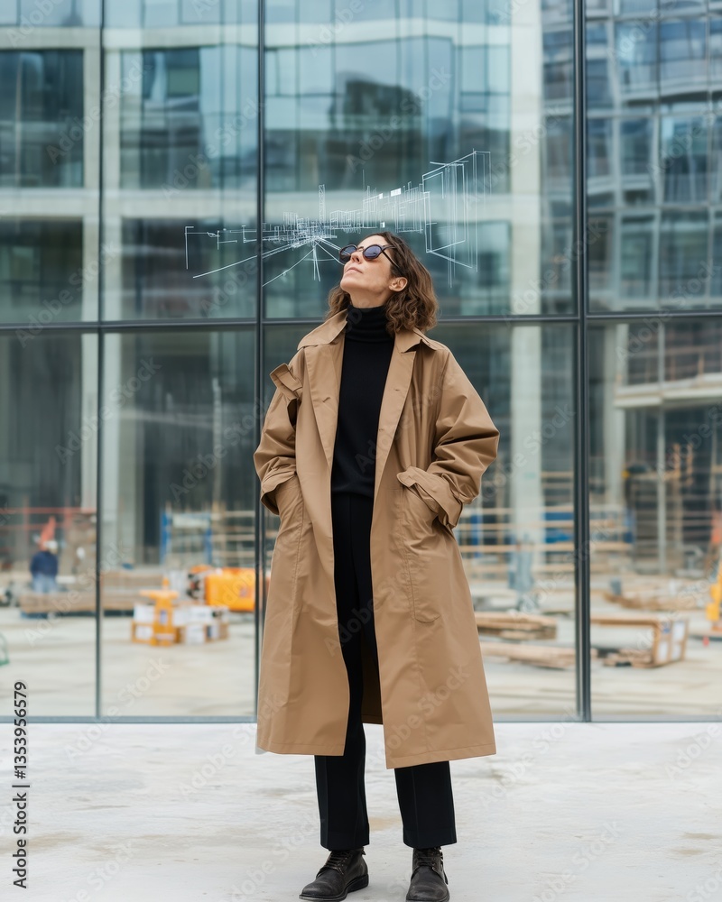 Fototapeta premium Fashionable Woman in Brown Coat Posing Stylishly Outdoors
