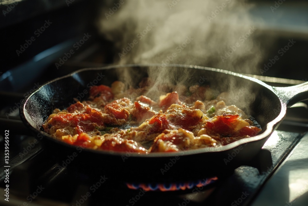 Frying pan with food on stovetop, great for cooking or kitchen scenes Frying pan with food on stovetop, great for cooking or kitchen scenes