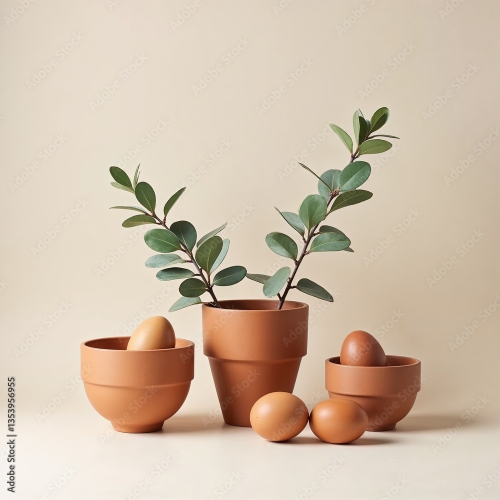 Fototapeta premium Minimalist Easter arrangement with terracotta pots, eucalyptus, and brown eggs on neutral backdrop, soft shadows