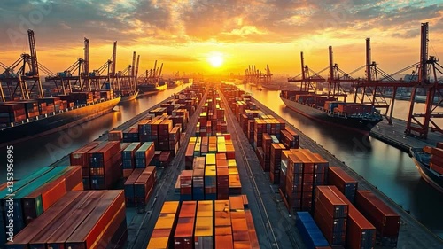 A Golden Sunrise at the Port: A stunning shot captures a bustling port at sunrise, with rows of shipping containers, cranes, and ships creating a dynamic scene.