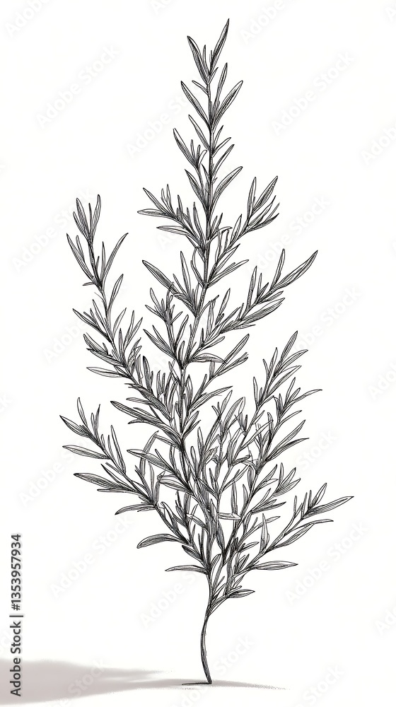 Fototapeta premium Rosemary Sprig for Line Art, White Background.