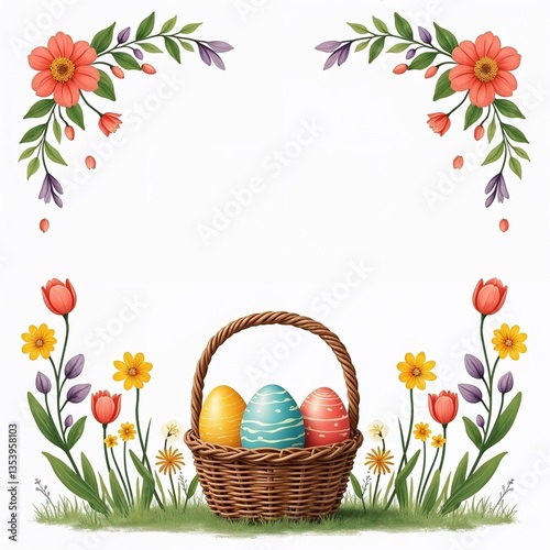 A cheerful Easter brunch invitation with colorful spring flowers, playful handwritten fonts, and a basket of painted eggs as the central design