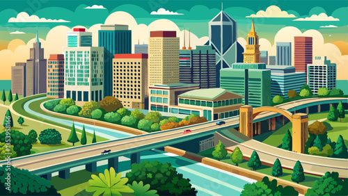 Skyscraper view of downtown Columbus Ohio with green part and driving bridge aerial