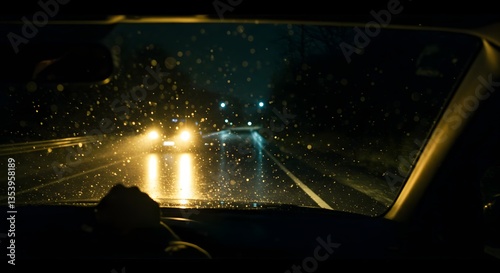 Driving at Night in the Rain with Cars Headlights on Road