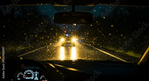 Driving at Night in Rain with Blurred Car Lights Ahead