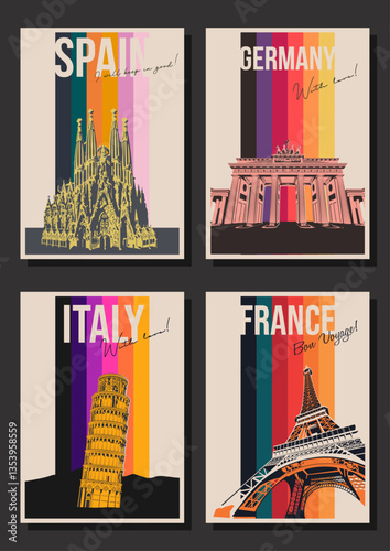 Barcelona, Paris, Piza, Berlin ttractions Postcard Set, Leaning Tower, Sagrada Familia, Eiffel Tower, Brandenburg Gates Illustrations, Vector Templates Retro Style Greeting Cards 1980s Color Posters