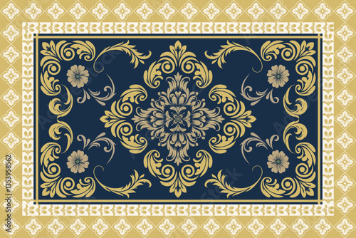 Elegant floral ornamental rug design with intricate baroque patterns in navy blue and gold, featuring vintage-inspired symmetrical motifs, perfect for luxury home decor and textiles.
