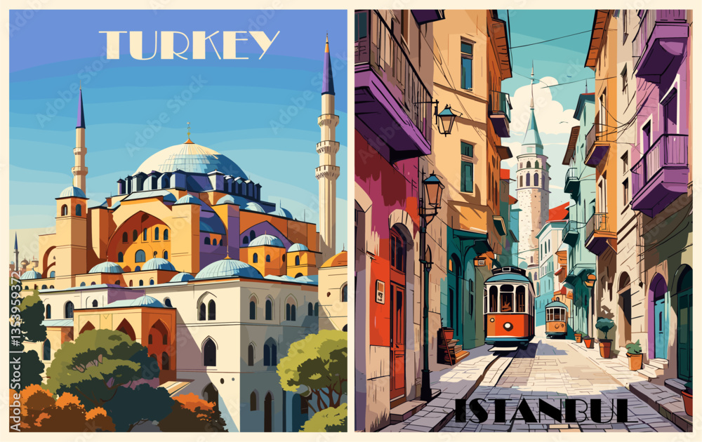 Fototapeta premium Istanbul, Turkey travel destination posters in retro style set. Colorful vector cityscape illustrations