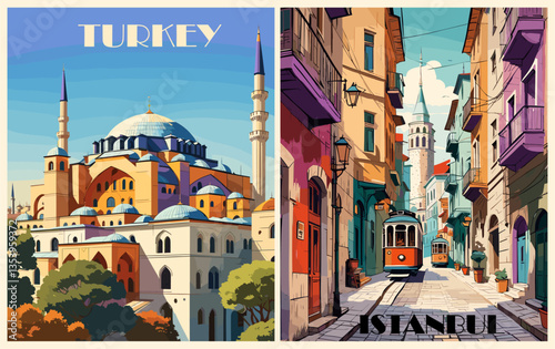 Istanbul, Turkey travel destination posters in retro style set. Colorful vector cityscape illustrations