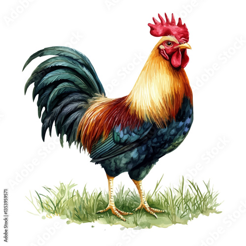 Rooster, watercolor illustration, isolated on a white background.