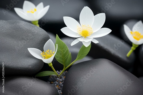 Close-up of a delicate plant growing between black rocks, featuring two transparent see-through glass-like flowers with petal shapes resembling real blossoms. The flowers have a shiny