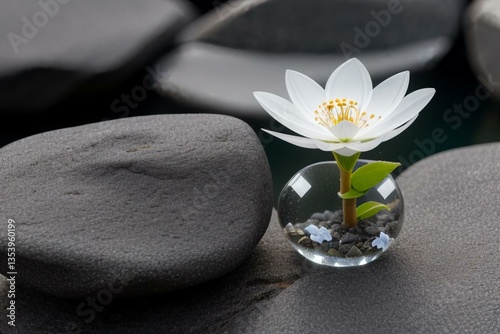 Close-up of a delicate plant growing between black rocks, featuring two transparent see-through glass-like flowers with petal shapes resembling real blossoms. The flowers have a shiny