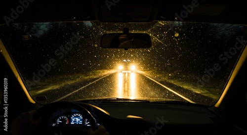 Driving Car at Night with Rain Reflecting Headlights on Windshield