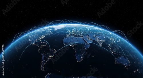 Earth globe with glowing city lights and network connections in dark space visualization