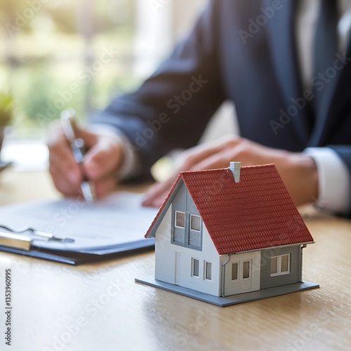 Concept of real estate investment and mortgage planning as professional signs property contract near house model, representing home buying decision and financial housing market analysis