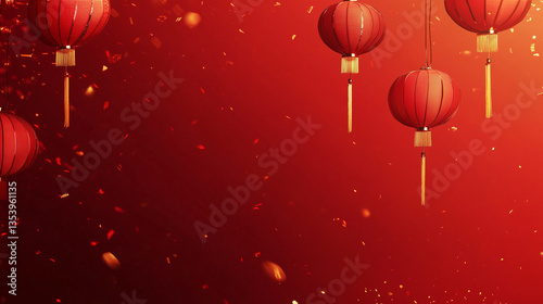Festive red background with hanging lanterns and golden sparkles evoking celebration and cultural significance