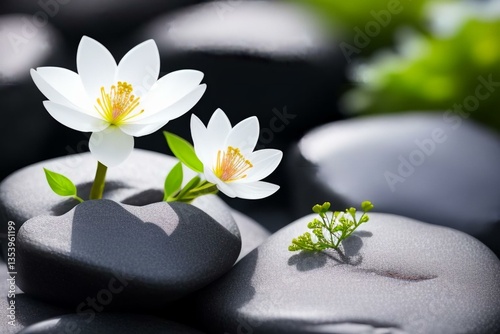 Close-up of a delicate plant growing between black rocks, featuring two transparent see-through glass-like flowers with petal shapes resembling real blossoms. The flowers have a shiny
