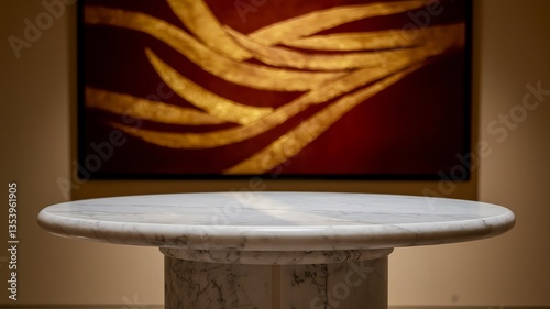A white marble podium stands in a warmly lit gallery. Behind it, an abstract painting with gold and deep red swirls creates a captivating backdrop
