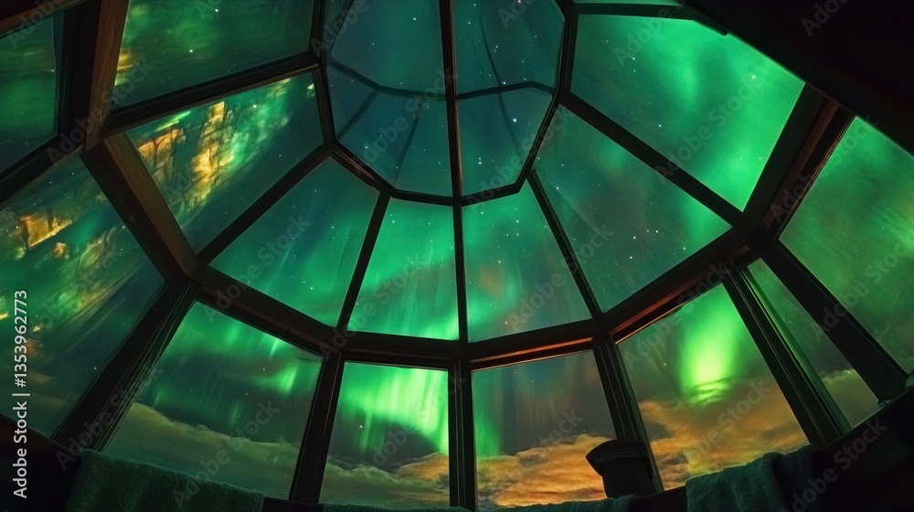 Aurora borealis display through glass igloo dome captivating celestial wonder