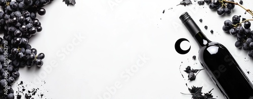 Red wine bottle with black grapes on white background.