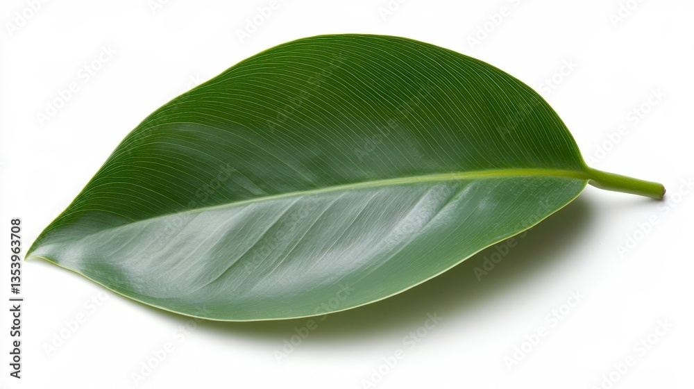 Obraz premium A close-up of a vibrant green leaf against a white background, showcasing its intricate texture and fine details, Perfect for nature projects, wellness themes, or eco-friendly designs,