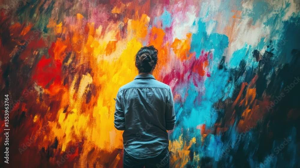 Obraz premium A painter stands facing a vibrant mural wall, with their back turned toward the colorful scene. The artist's creative process is in motion as they work on the 