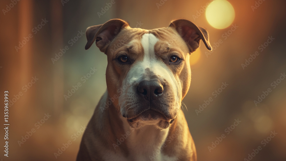 A stunning close-up portrait of a pitbull dog with warm golden bokeh lighting. Perfect for pet-related designs, advertising, and animal lovers A stunning close-up portrait of a pitbull dog with warm golden bokeh lighting. Perfect for pet-related designs, advertising, and animal lovers
