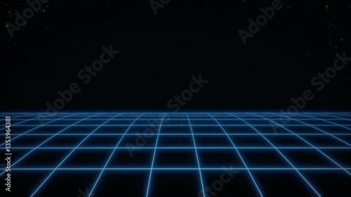 80s neon wireframe animation. Virtual computer landscape. Retro Future Perspective Grid on dark starry sky. Sci-fi 3d render. Seamless loop