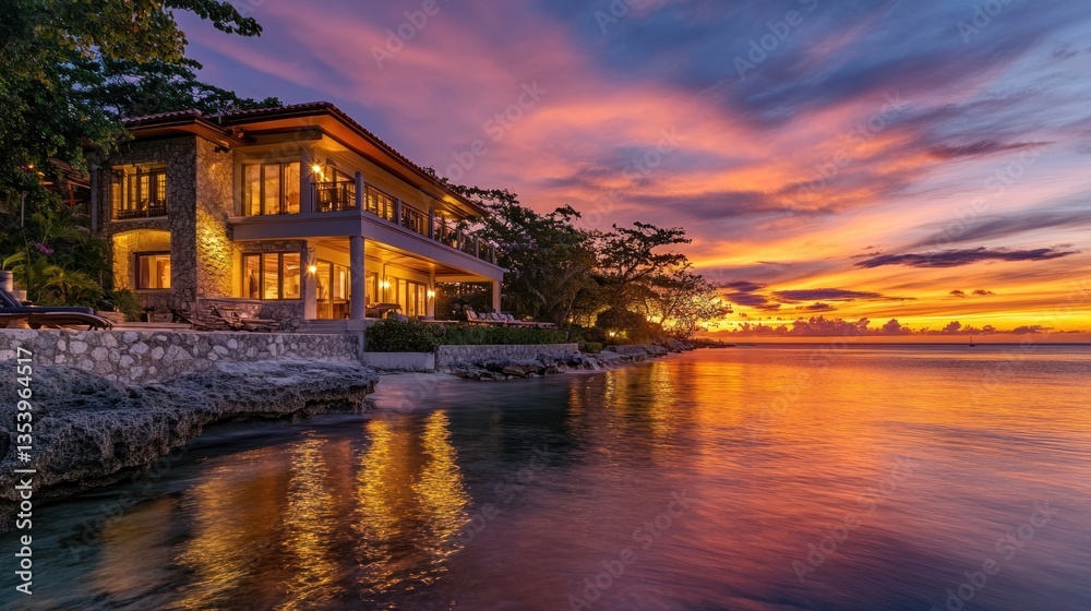 Obraz premium Seaside Caribbean villa glows warmly at sunset with ocean reflections