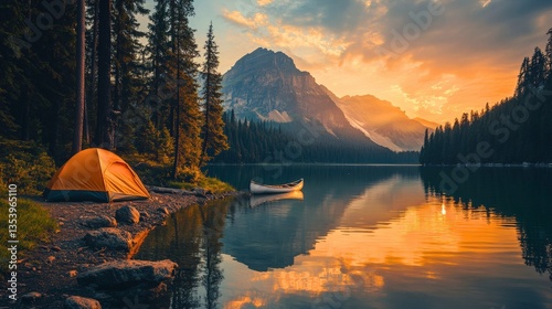 A small tent is set up by a lake with a canoe nearby