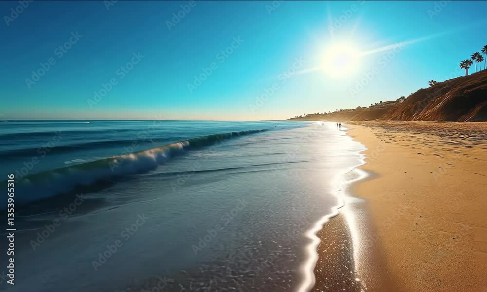 Serene ocean beach scene with sparkling waves and golden sand under the sunny sky Serene ocean beach scene with sparkling waves and golden sand under the sunny sky