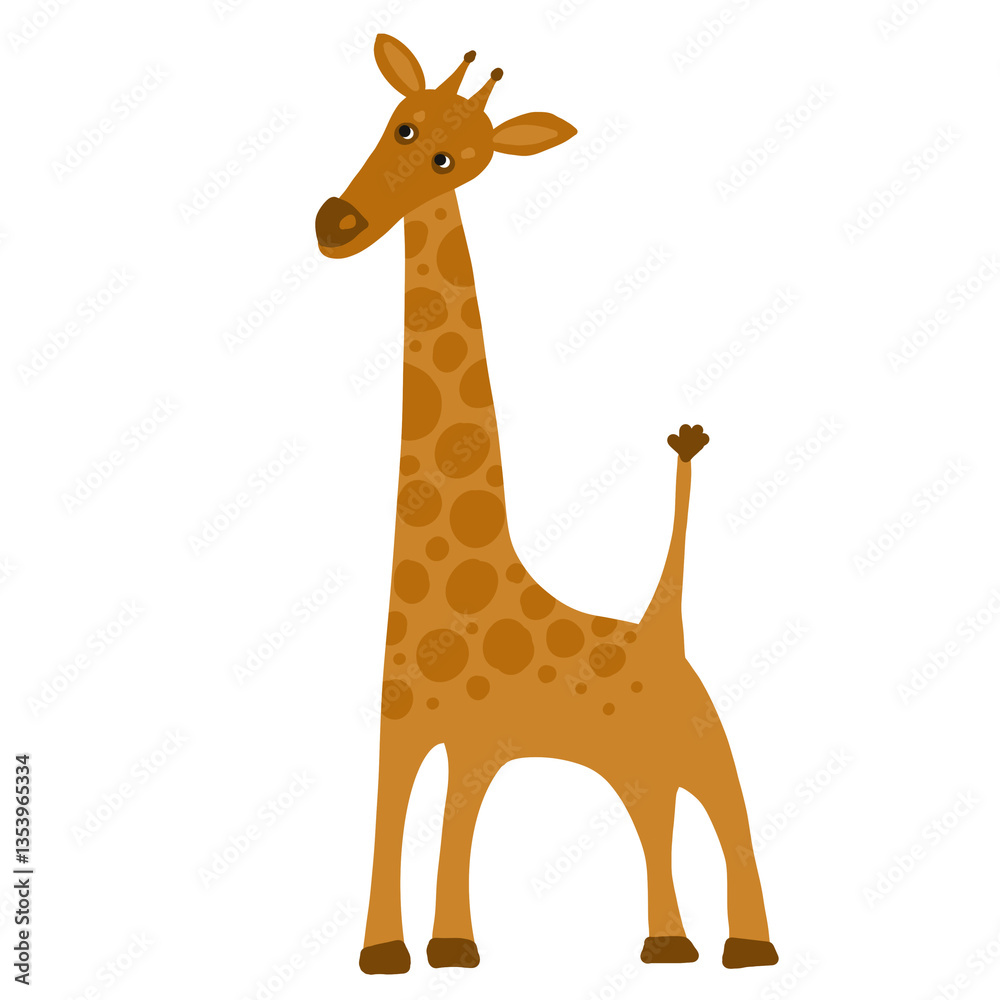 Obraz premium Cute stylized illustration of a giraffe with a long neck and playful expression. A fun and friendly design perfect for children’s decor, jungle-themed projects, and animal art.